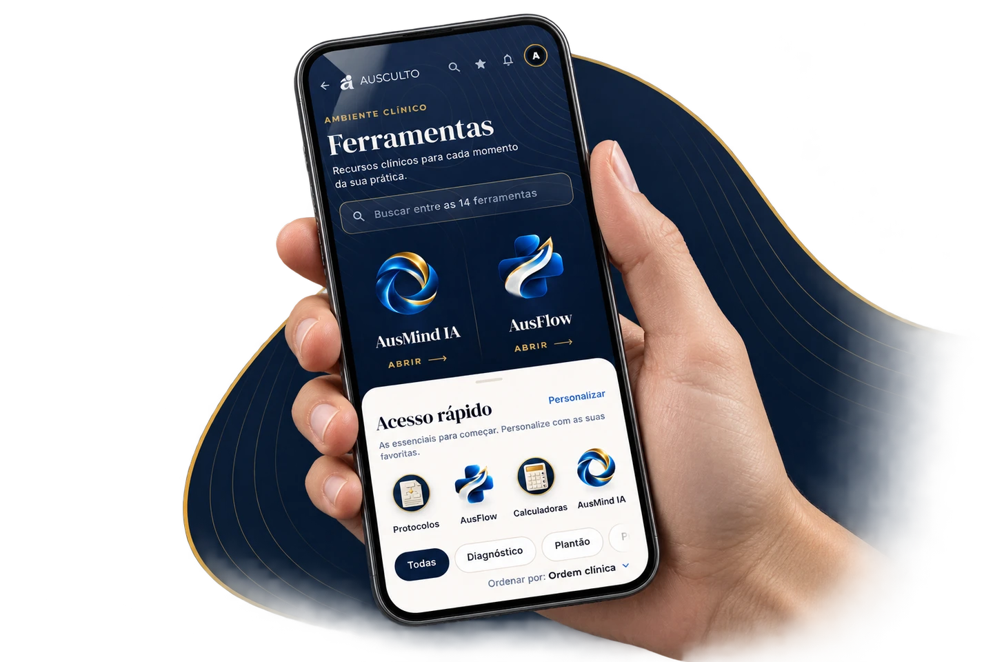 Aplicativo Ausculto aberto nas ferramentas clínicas, em um celular na mão