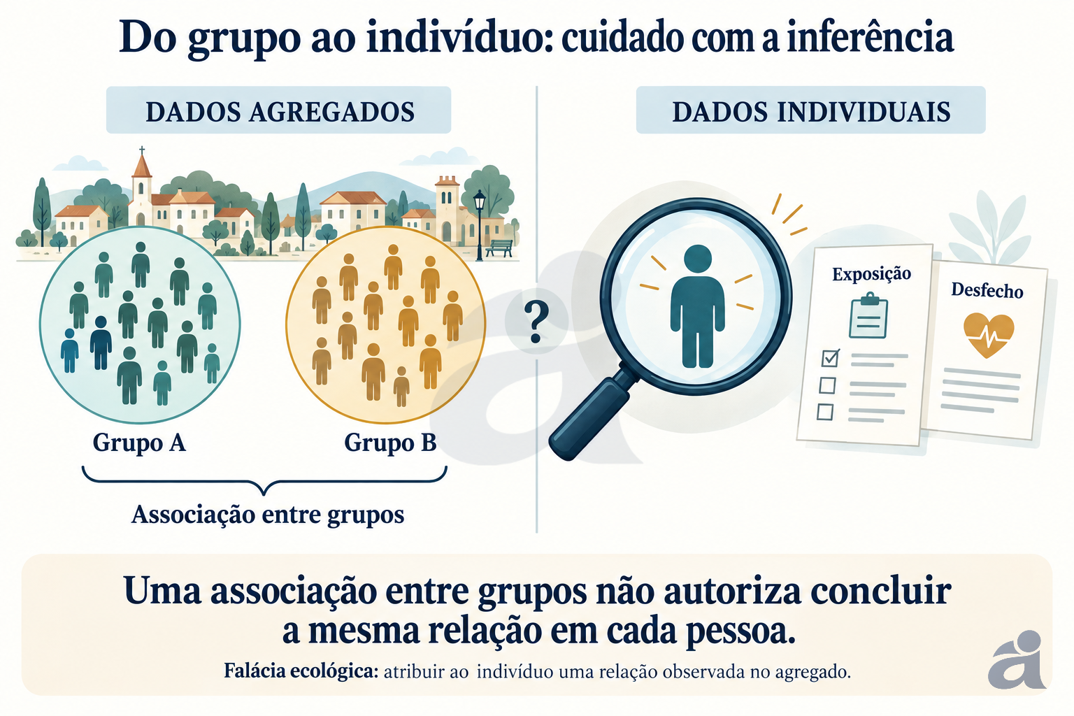 Dois grupos ilustrativos comparados no nível agregado e uma pessoa ampliada, com exposição e desfecho próprios. Uma associação entre grupos não permite atribuir a mesma relação a cada indivíduo.