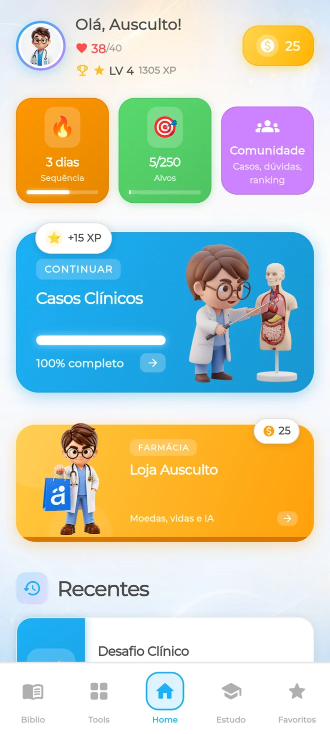 App Ausculto: tela inicial com progresso, casos clínicos e atalhos