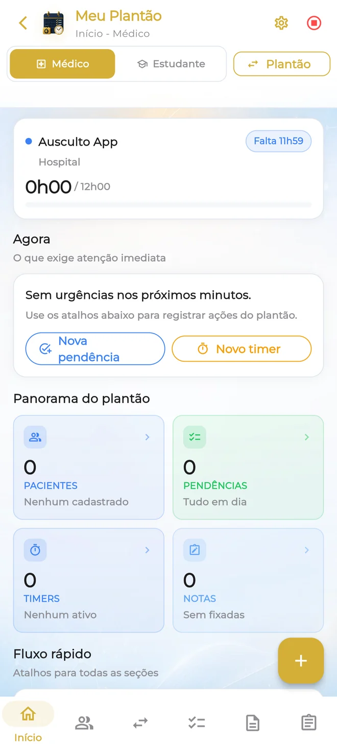 Meu Plantão do Ausculto no celular: painel do plantão