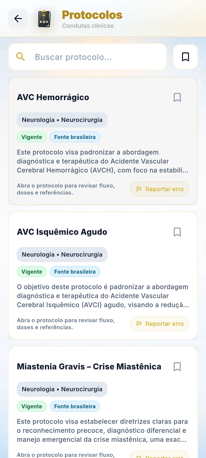 Tela de protocolos clínicos do Ausculto no celular