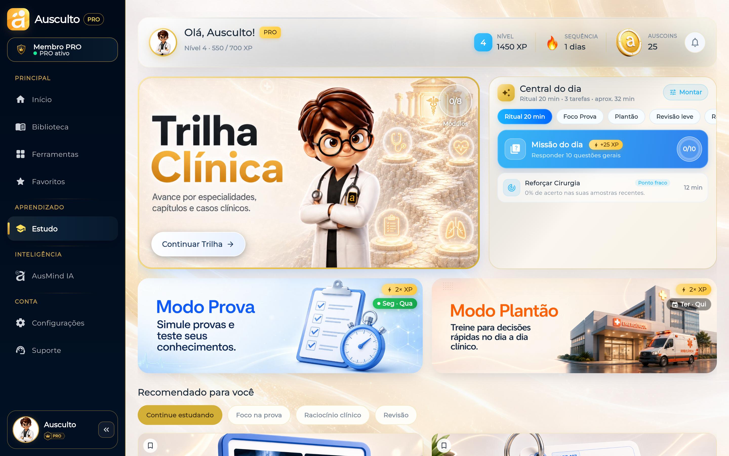Painel de estudo do Ausculto com progresso e próximos passos