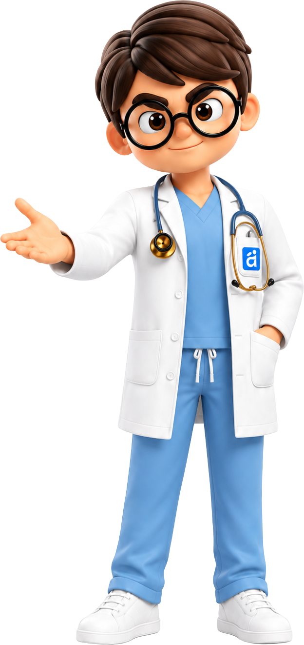 Dr. Aus, mascote do Ausculto, dando boas-vindas