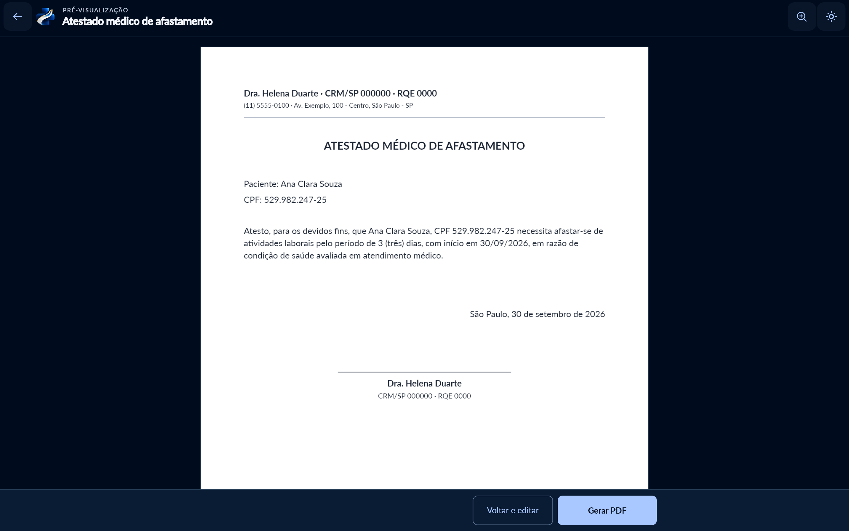 AusFlow : Atestado preenchido, dados de demonstração